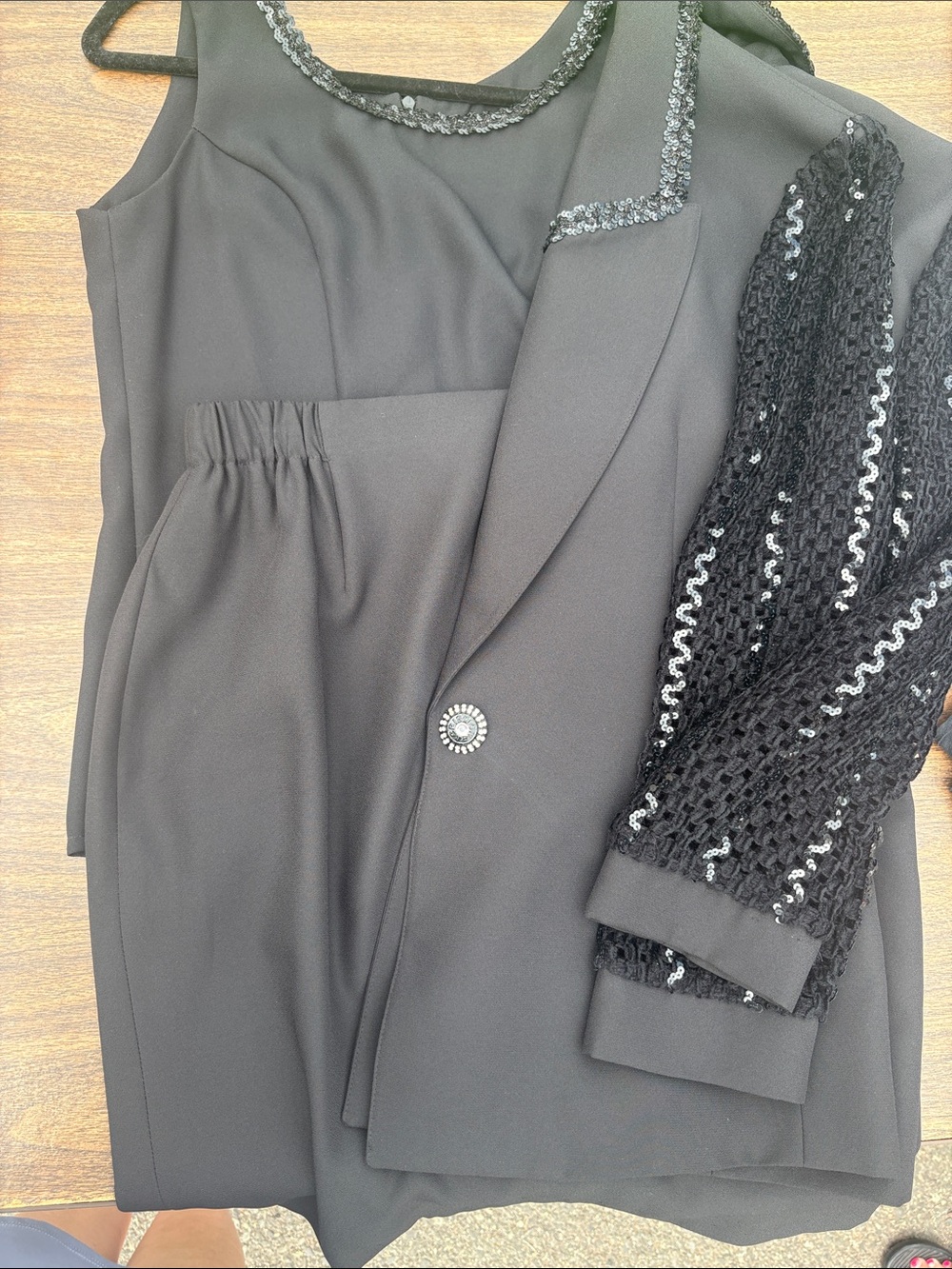 Classic Black Women's Blazer & Skirt Set with Sequin Sleeve